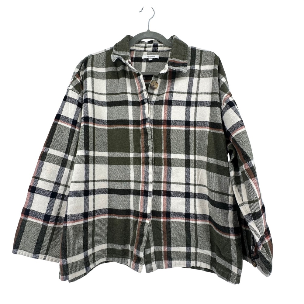 Madewell‎ Plaid Flannel Shirt Shacket Womens L Green Cotton Cottage Cabin Gorp